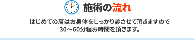 「施術の流れ」はじめての肩はお身体をしっかり診させて頂きますので30～60分程お時間を頂きます